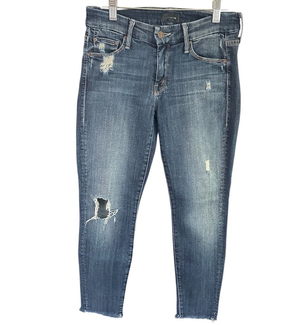 MOTHER The Looker Ankle Fray Alley Cat Distressed Stretch Jeans Womens 28 USA